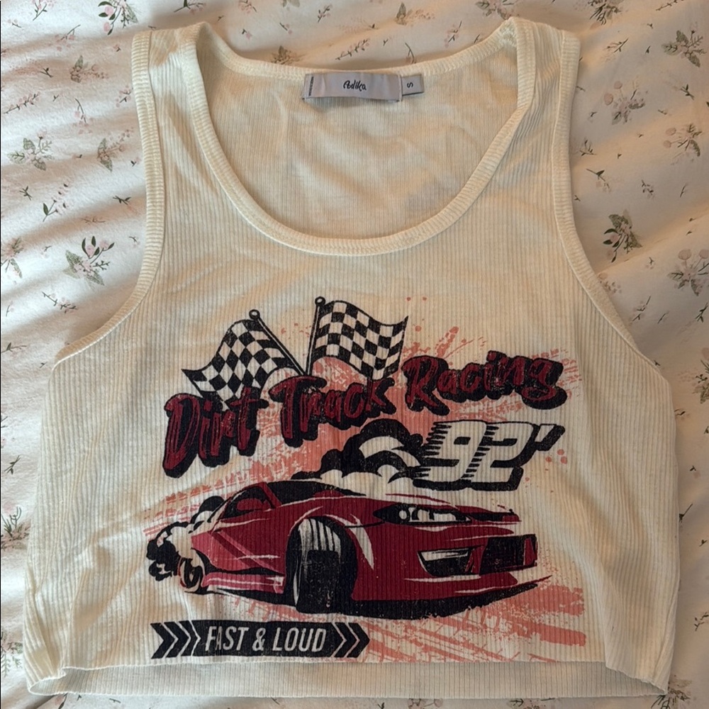 Adika Cream Tank Top with Red Racing Car Graphic